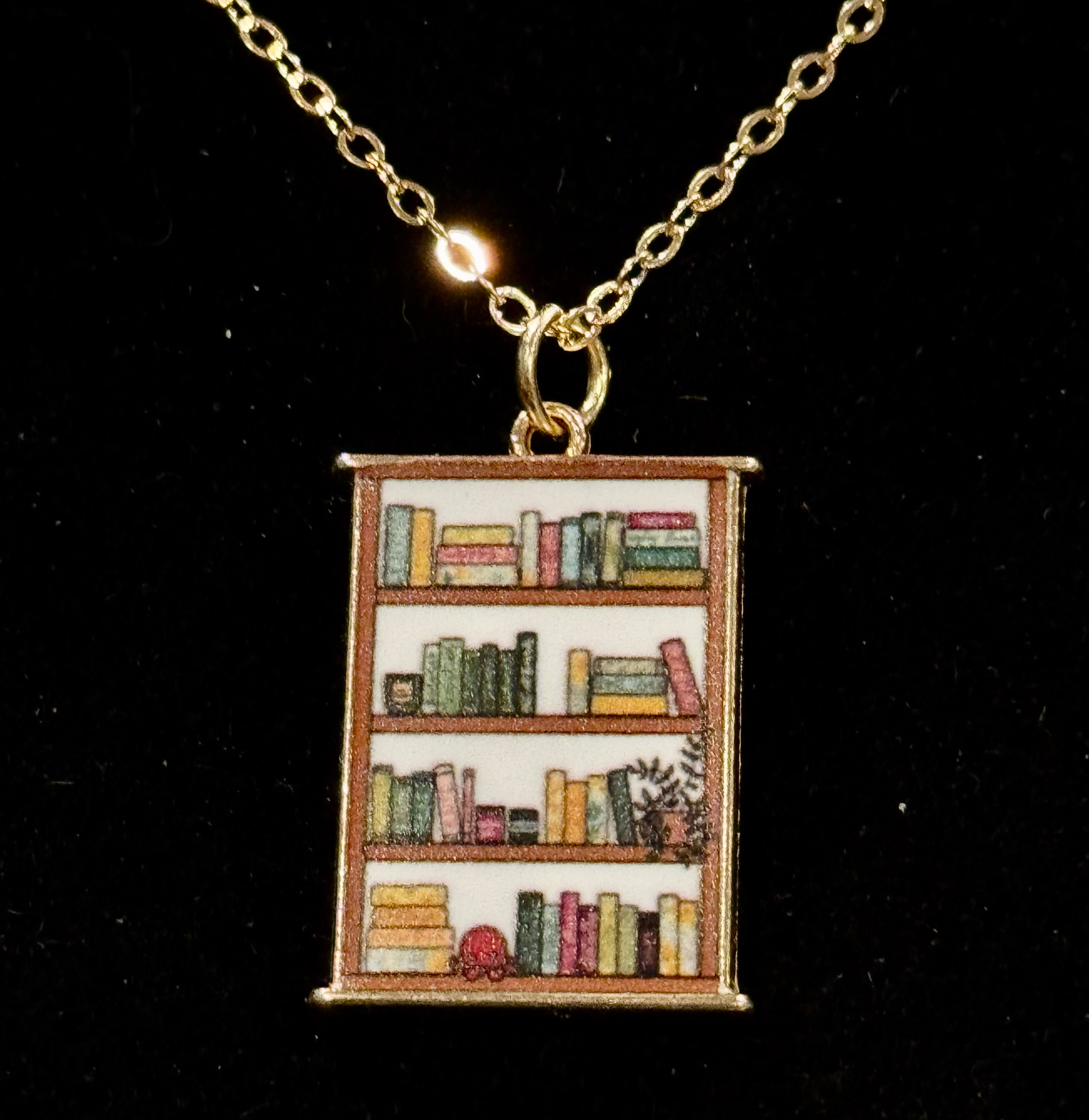 Bookshelf, Gold, Pendant, Necklace