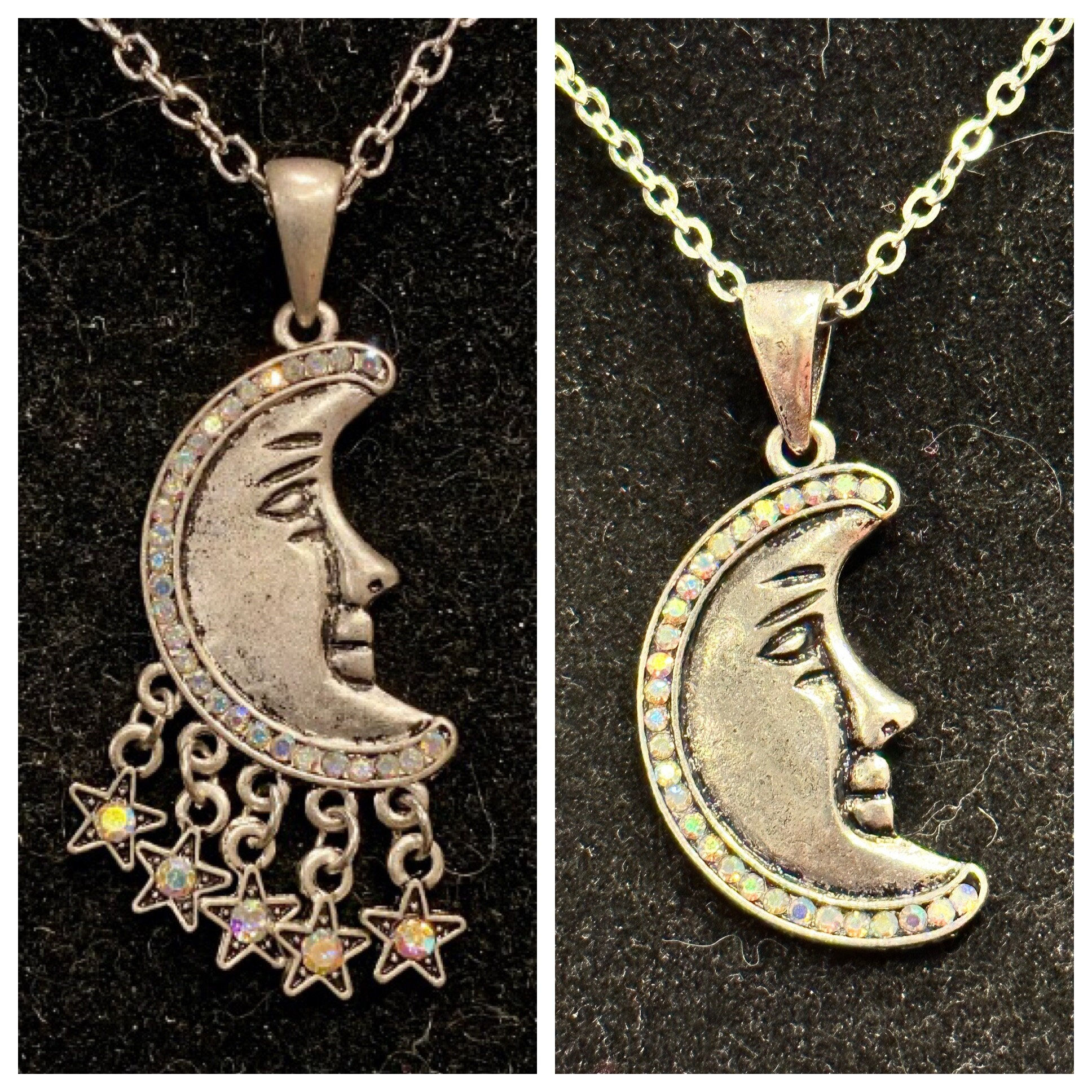 Silver, Moon, and Stars, Pendant, 18 Inch Necklace, 20 Inch Necklace, 24 Inch Necklace