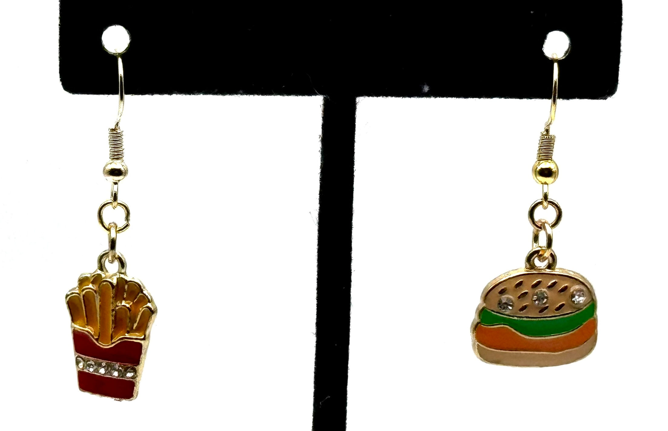 Hamburger, Fries, Gold, Dangle, Earrings