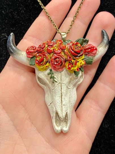 Thumbnail:  Bull Skull, Floral, Pendant, Antique Bronze, Necklace - SerenityGraceJewelry