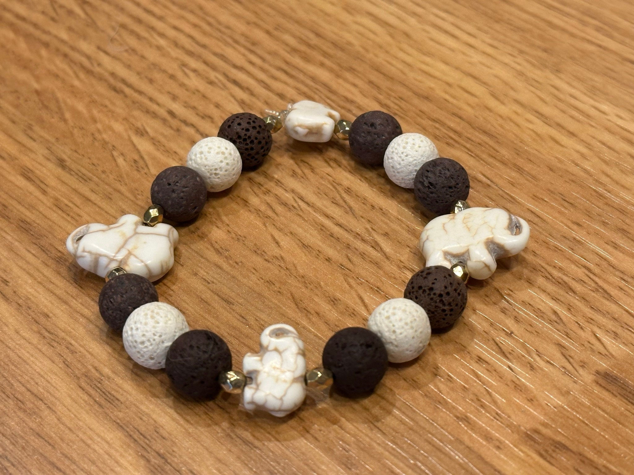 Lava Stones, Howlite, White, Elephants, Adjustable, Bracelet
