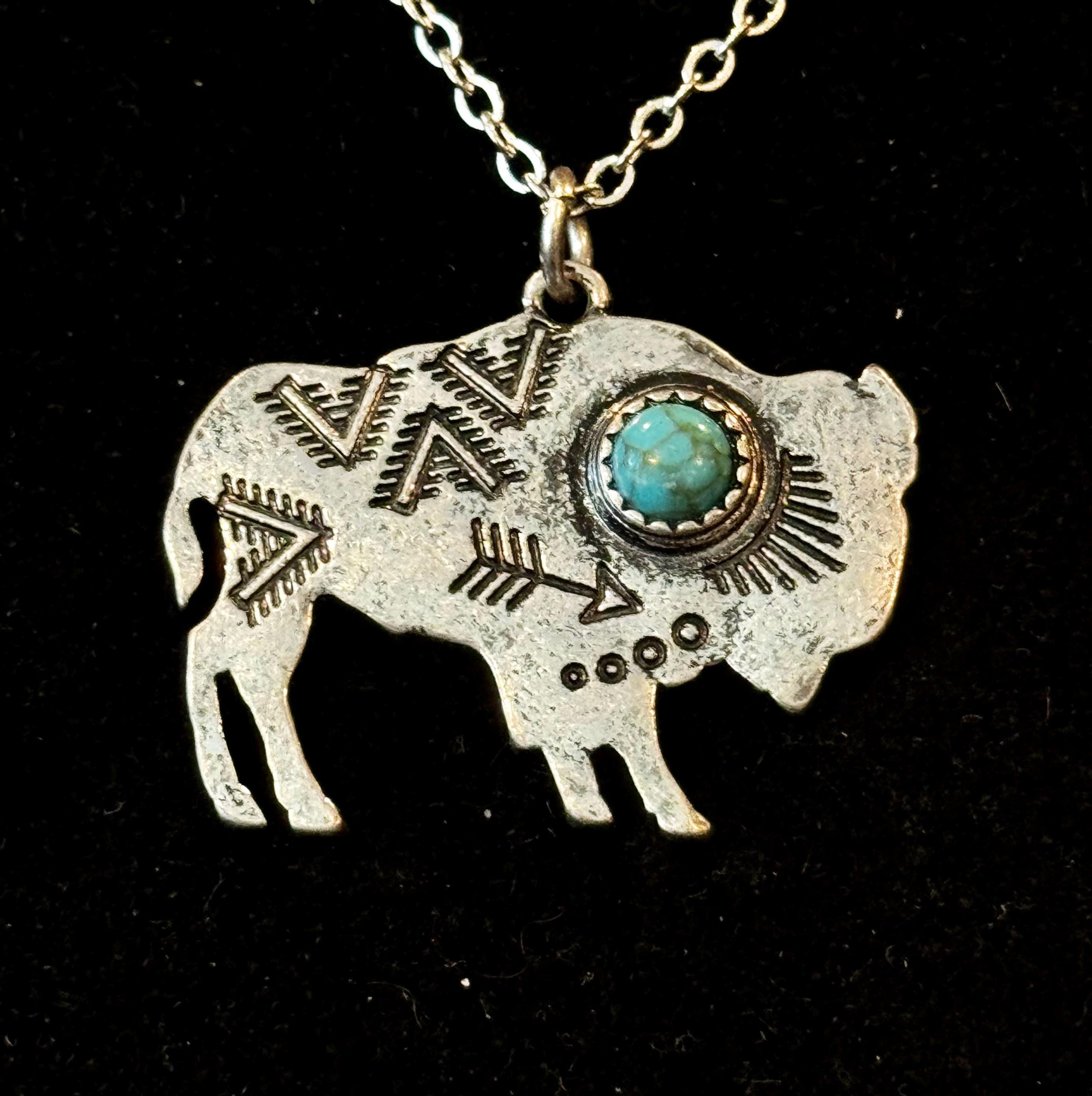 Silver,  Buffalo, Bison, Turquoise, Pendant, Necklace