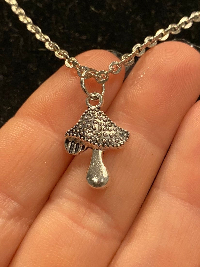 Thumbnail: Antique Bronze, Silver, Small, Spotted, Mushroom, Pendant, Necklace