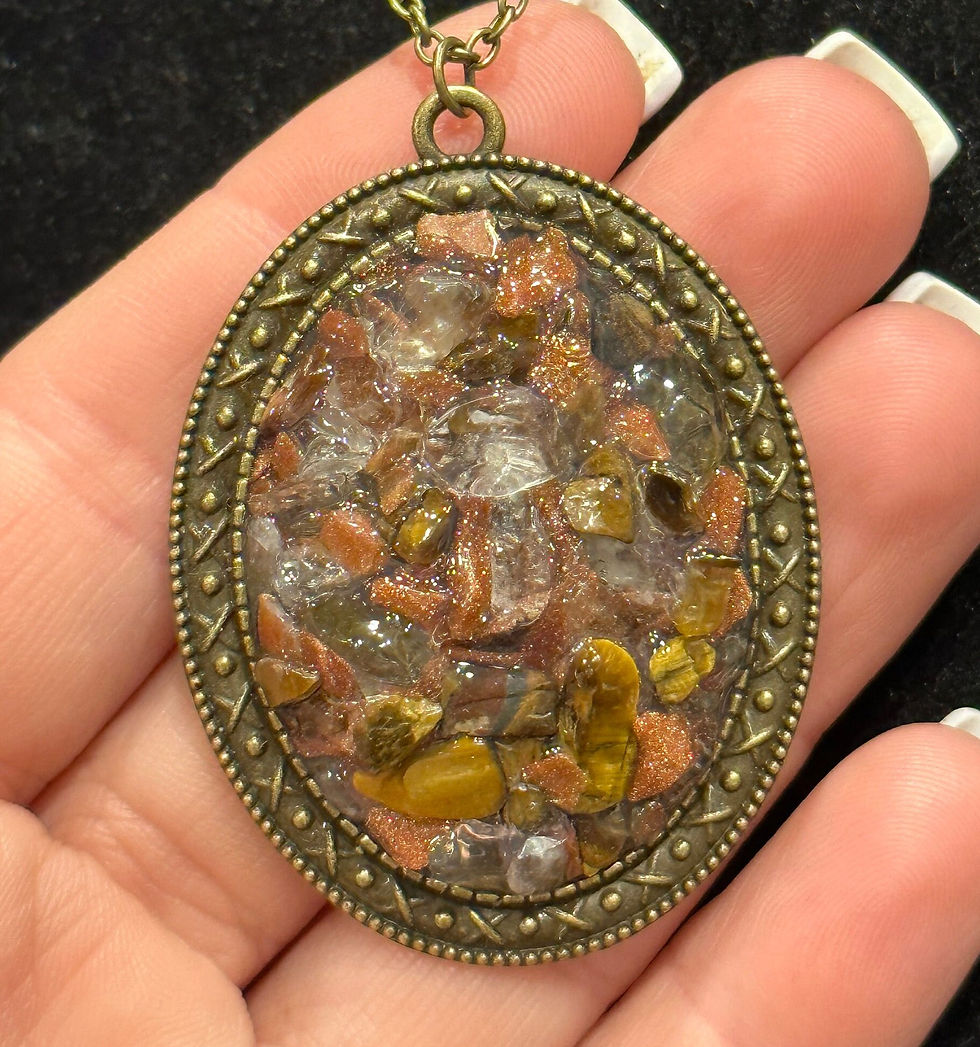 Thumbnail: Large, Antique Bronze, Tiger's Eye, Clear Quartz, Oval, Pendant, Necklace