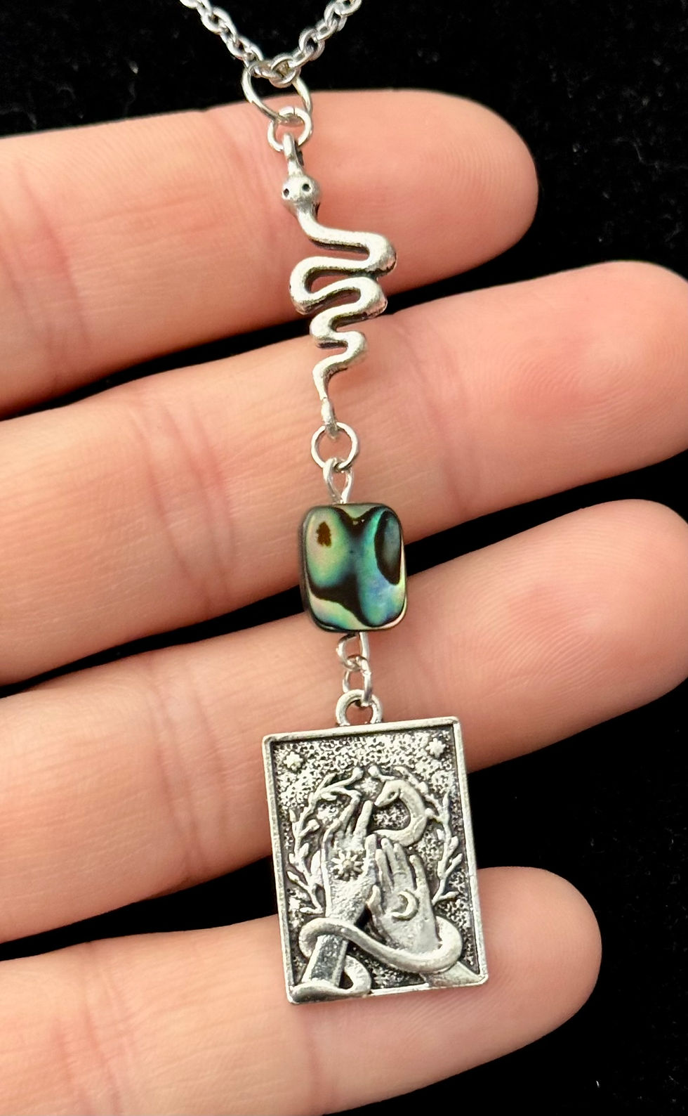 Thumbnail: Snake, Silver, Abalone Shell, Hands, Pendant, 18 Inch Necklace, 20 Inch Necklace, 24 Inch Necklace