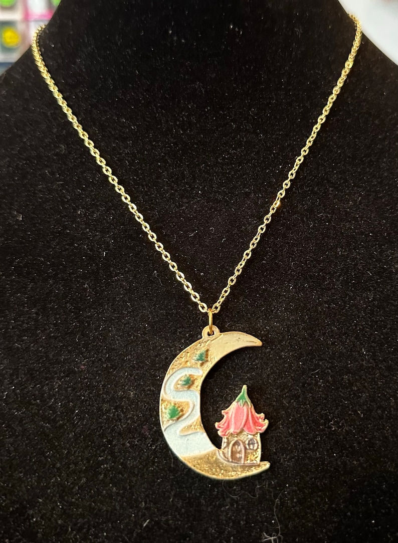 Rose Gold, Crescent, Moon, Fairy House, Pendant, Necklace - SerenityGraceJewelry