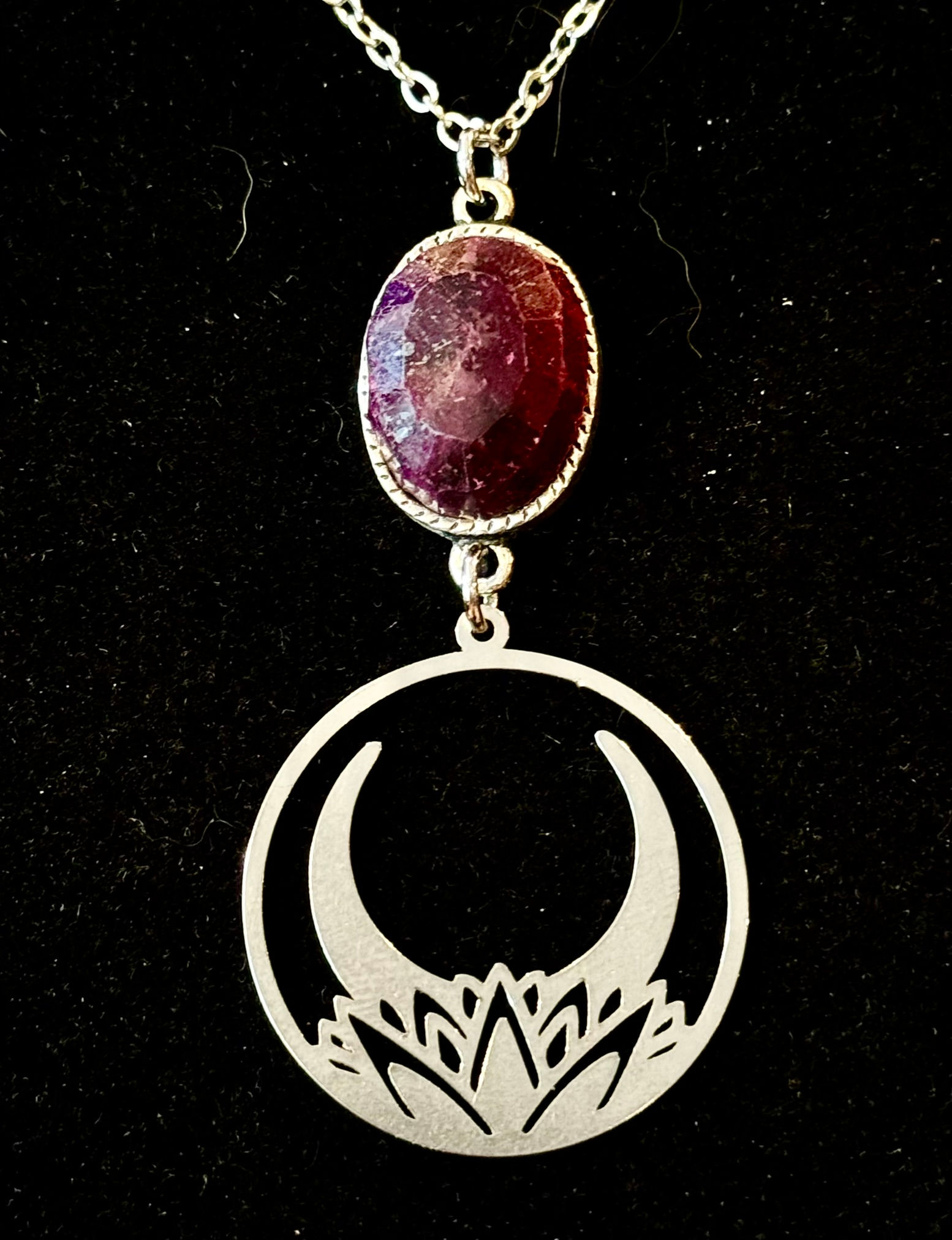 Ruby, Crescent, Moon, Lotus, Flower, Silver, Pendant, 18 Inch Necklace, 24 Inch Necklace, 20 Inch Necklace