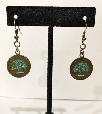 Thumbnail: Antique Bronze, Patina, Turquoise, Leaf, Flower, Tree, Dangle, Earrings
