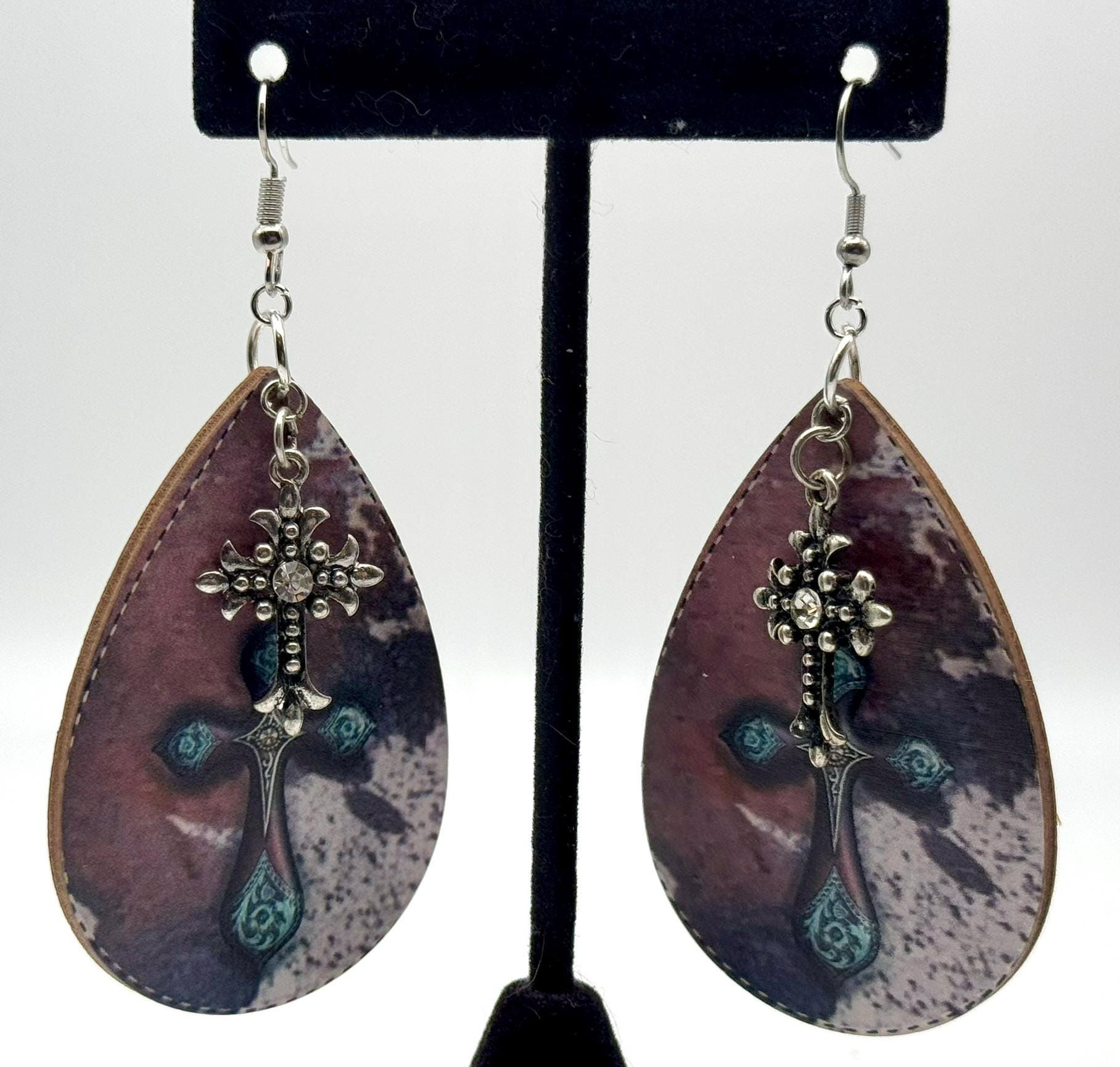 Silver, Rhinestone, Brown, Teardrop, Cross, Dangle, Earrings