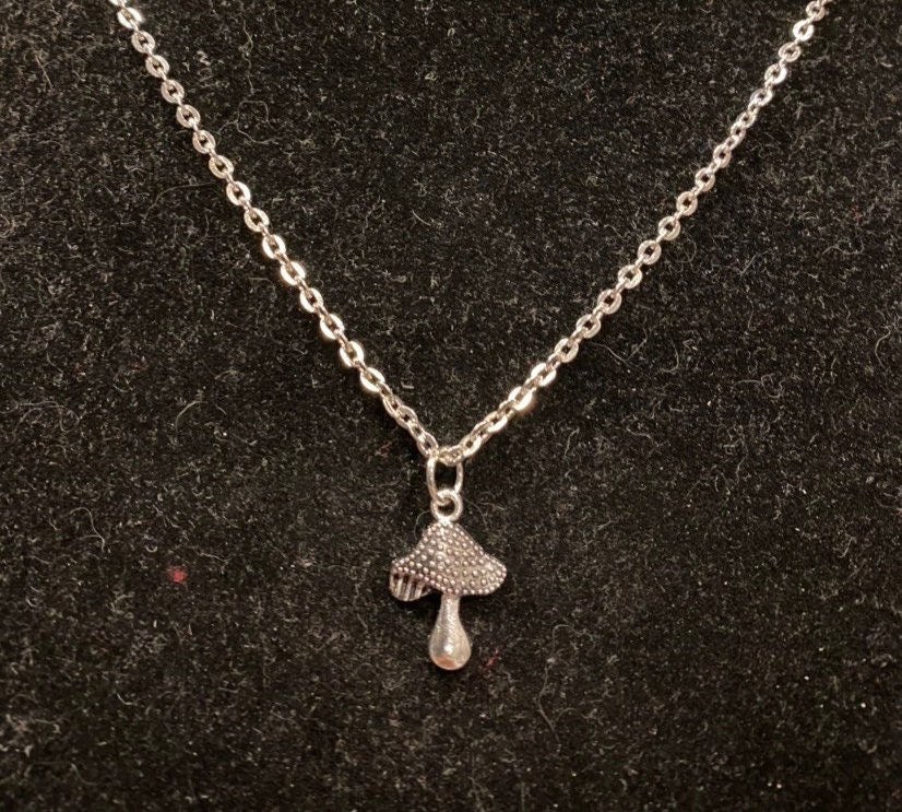 Thumbnail: Antique Bronze, Silver, Small, Spotted, Mushroom, Pendant, Necklace