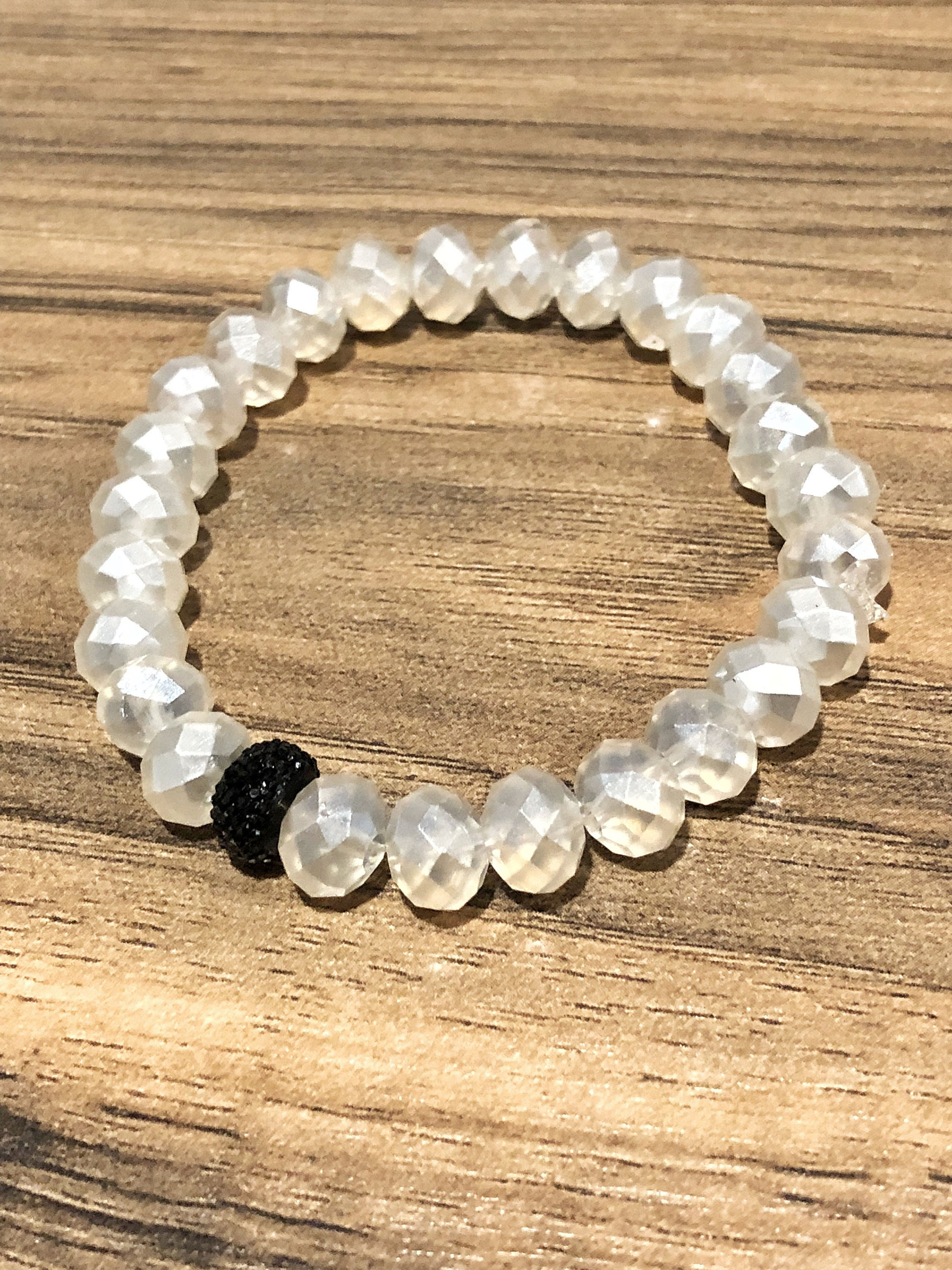 White, Sparkly, Beaded, Adjustable, Stretchy, Bracelet - SerenityGraceJewelry