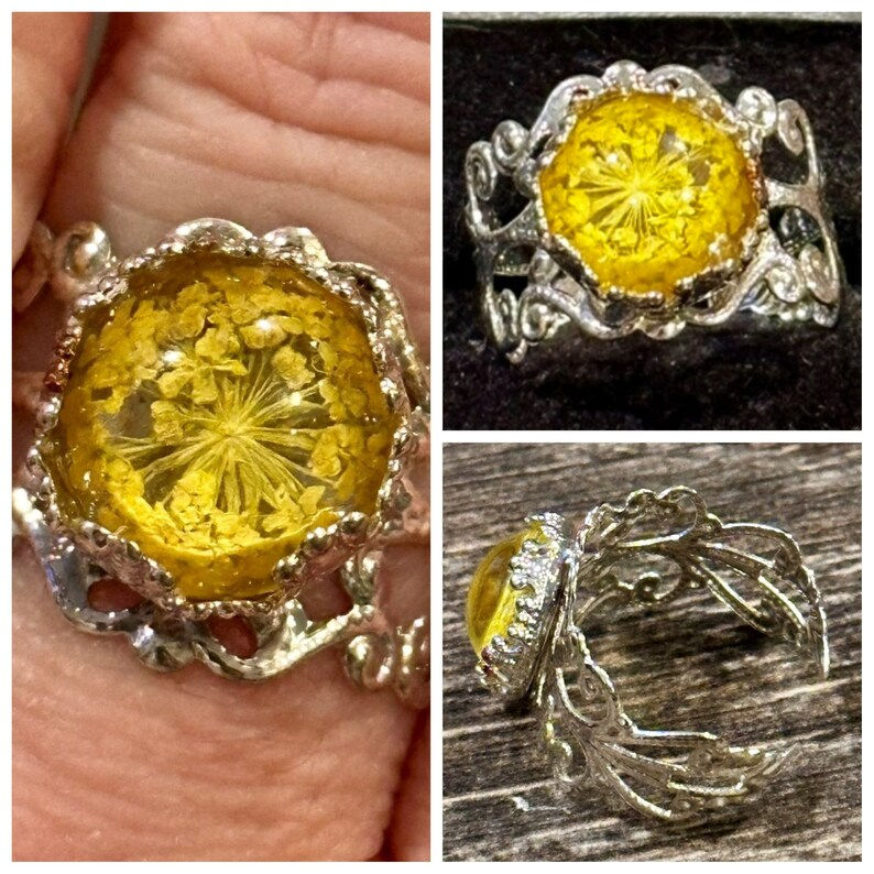 Thumbnail: Multicolored, Flowers, Filigree, Adjustable, Resin, Silver, Ring