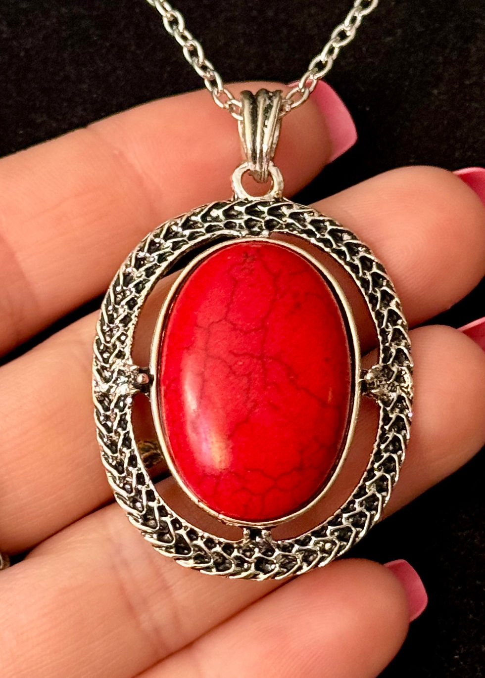 Thumbnail: Red, Dyed, Howlite, Silver, Pendant, Necklace