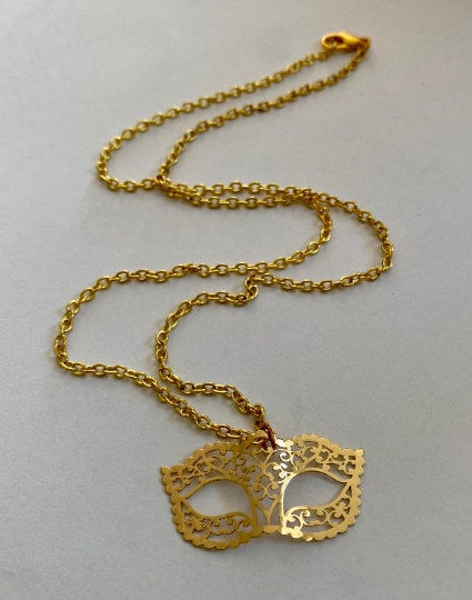 Thumbnail: Gold, Mask, Feathers, Flowers, Masquerade, Pendant, Necklace - SerenityGraceJewelry