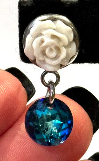 Silver, White, Flower, Blue, Post, Earrings