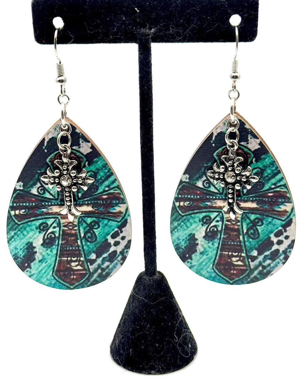 Thumbnail: Blue, Cow Print, Cross, Rhinestone, Brown, Wooden, Teardrop, Dangle, Earrings