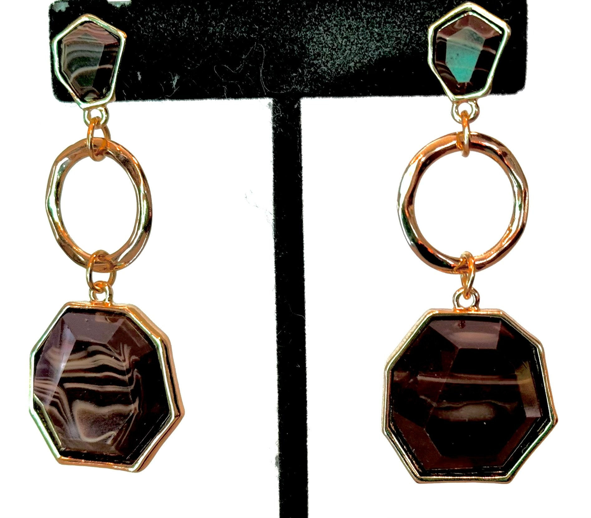 Gold, Brown, Agate, Octagon, Dangle, Earrings