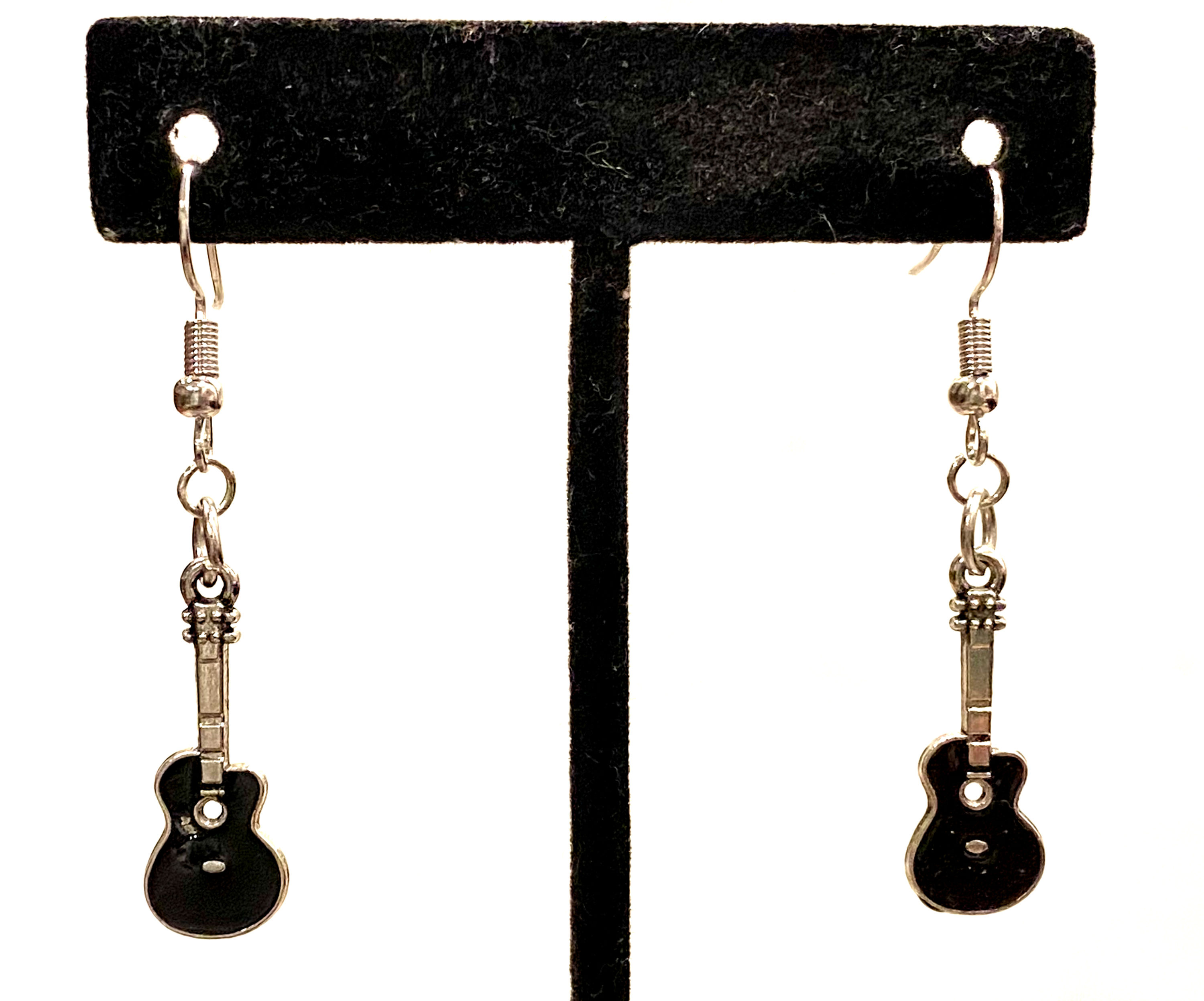 Acoustic Guitar, Electric Guitar, Black, Silver, Dangle, Earrings