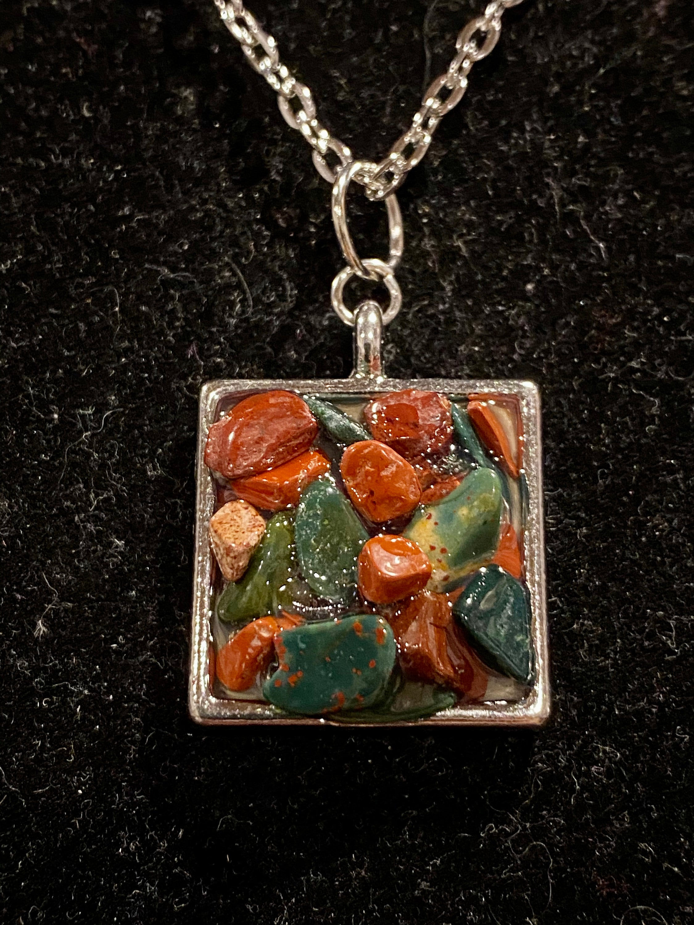 Bloodstone, Jasper, Silver, Square, Necklace