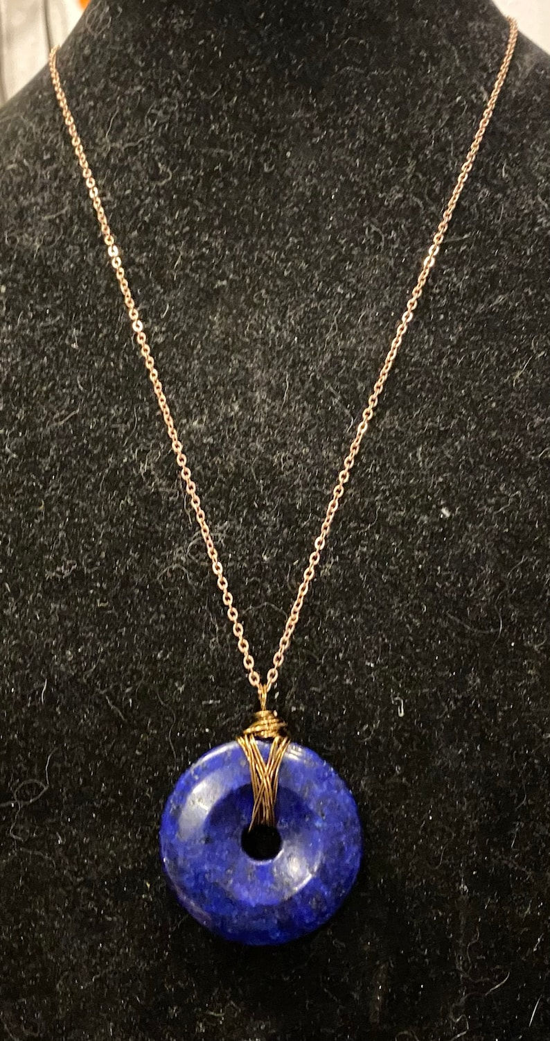 Thumbnail: Rose Gold, Lazurite, Round, Wire Wrapped, Pendant, Necklace