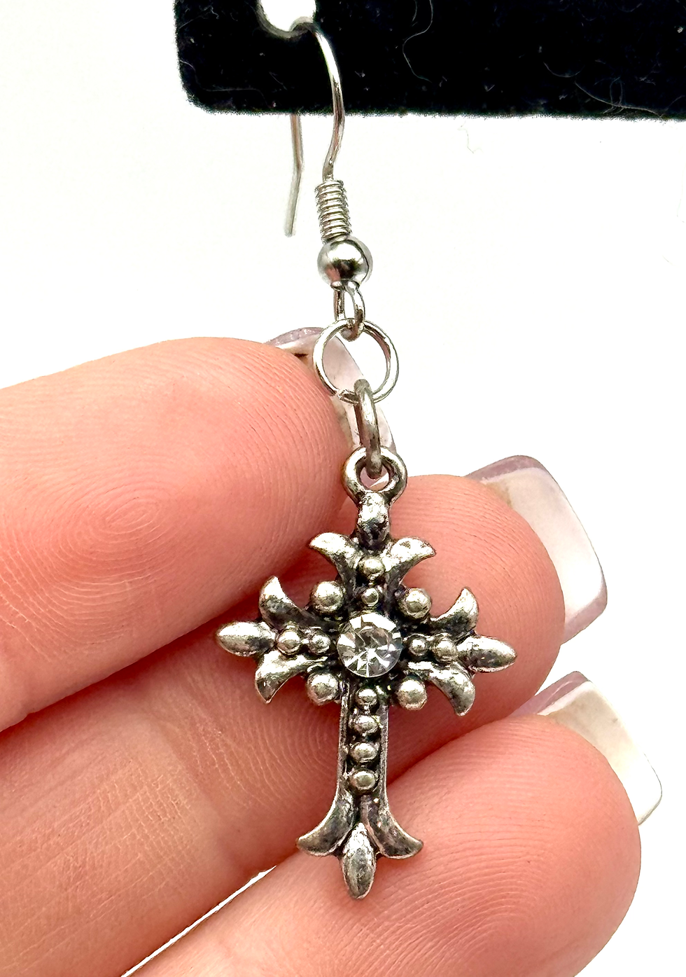Thumbnail: Silver, Rhinestone, Cross, Dangle, Earrings