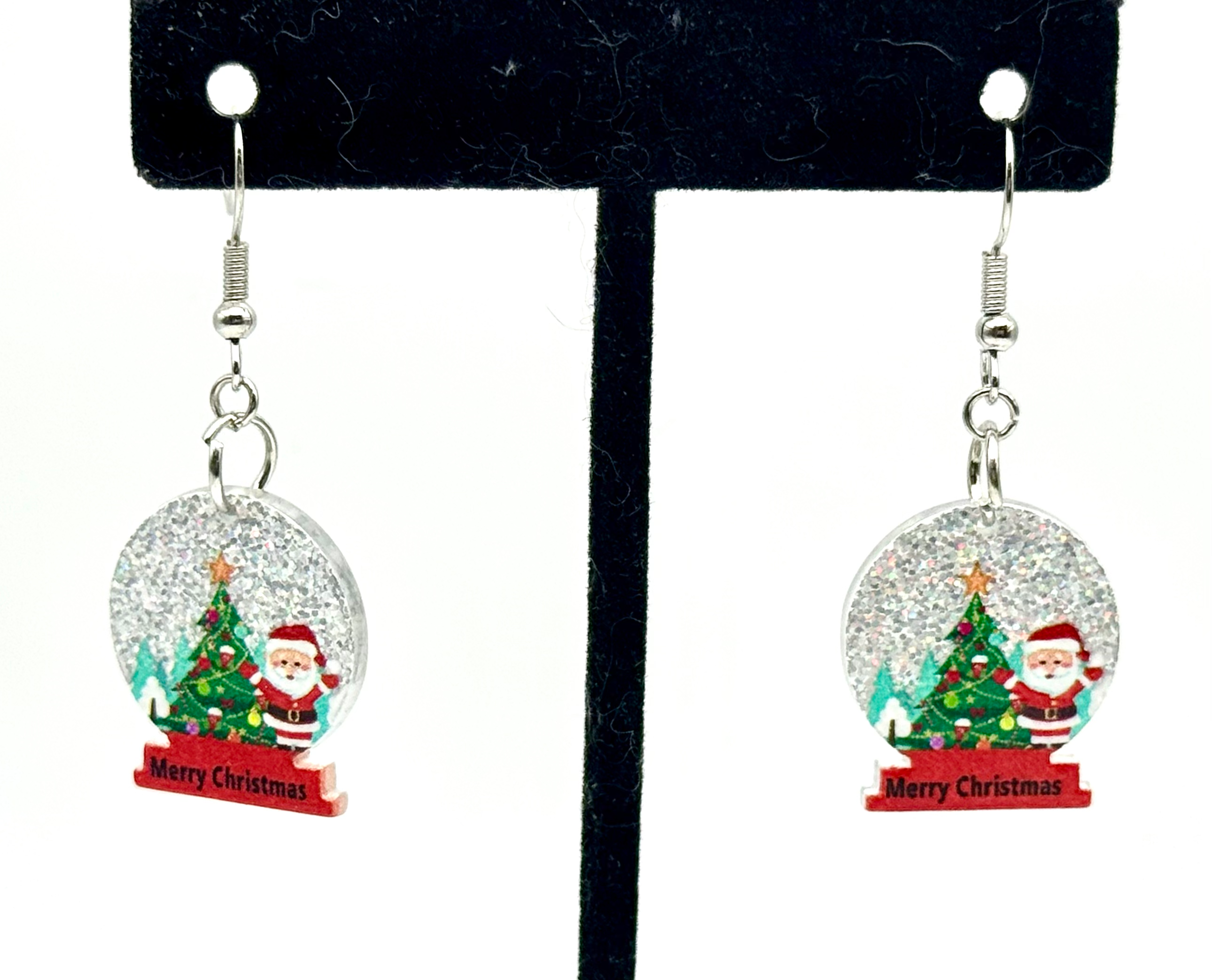 Snow Globe, Santa, Holiday, Silver, Dangle, Earrings