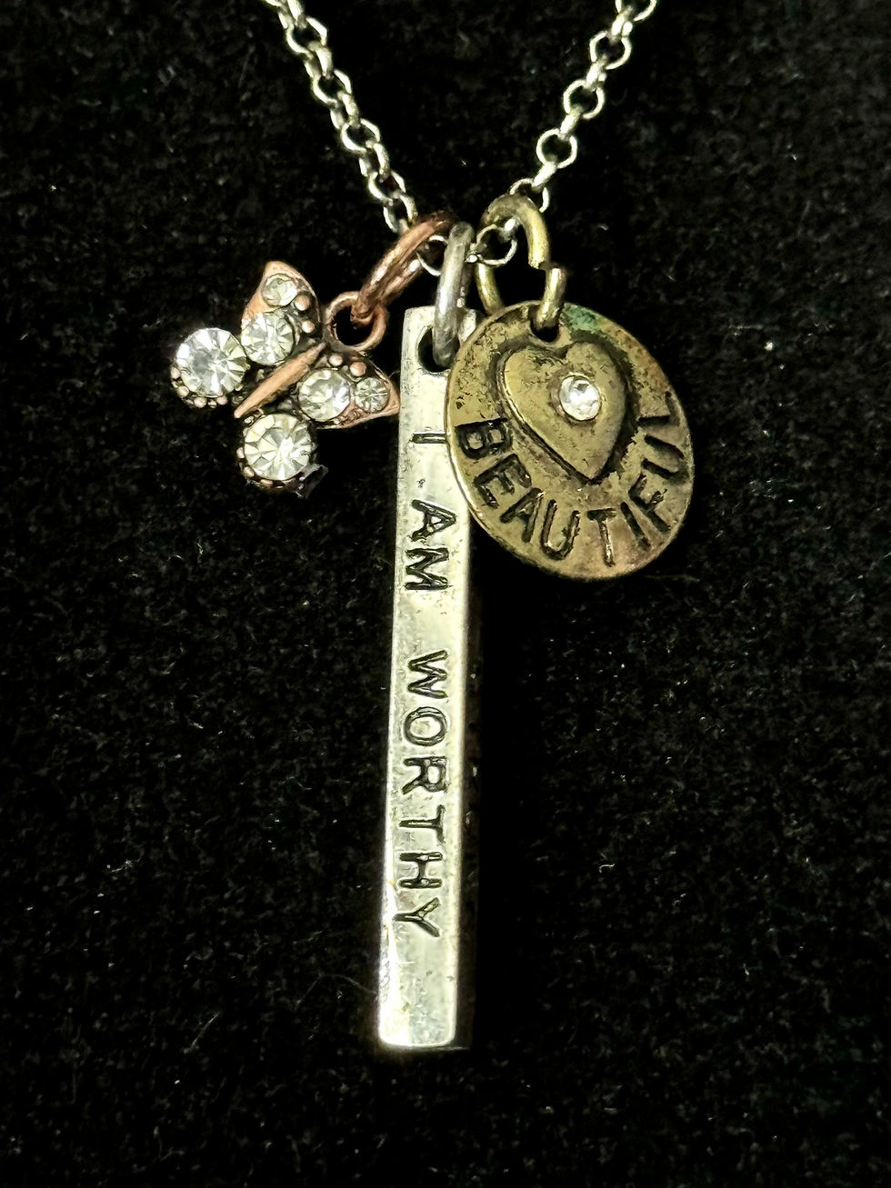 Thumbnail: I am Strong, I am Enough, I am Loved, I am Worthy, I am Beautiful, Silver, Bronze, Rhinestone, Pendant, 18 Inch Necklace, 24 Inch Necklace, 20 Inch Necklace