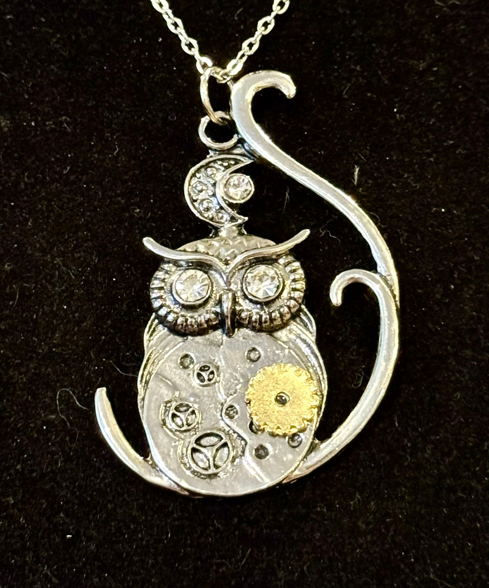 Steampunk, Owl, Rhinestone, Gears, Necklace
