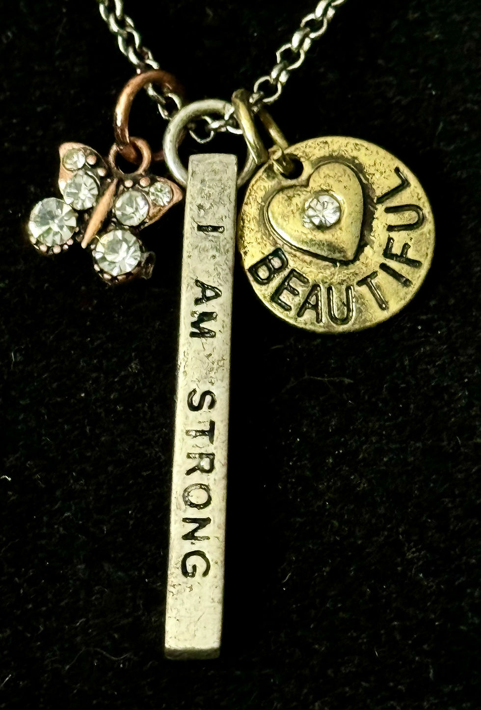 I am Strong, I am Enough, I am Loved, I am Worthy, I am Beautiful, Silver, Bronze, Rhinestone, Pendant, 18 Inch Necklace, 24 Inch Necklace, 20 Inch Necklace