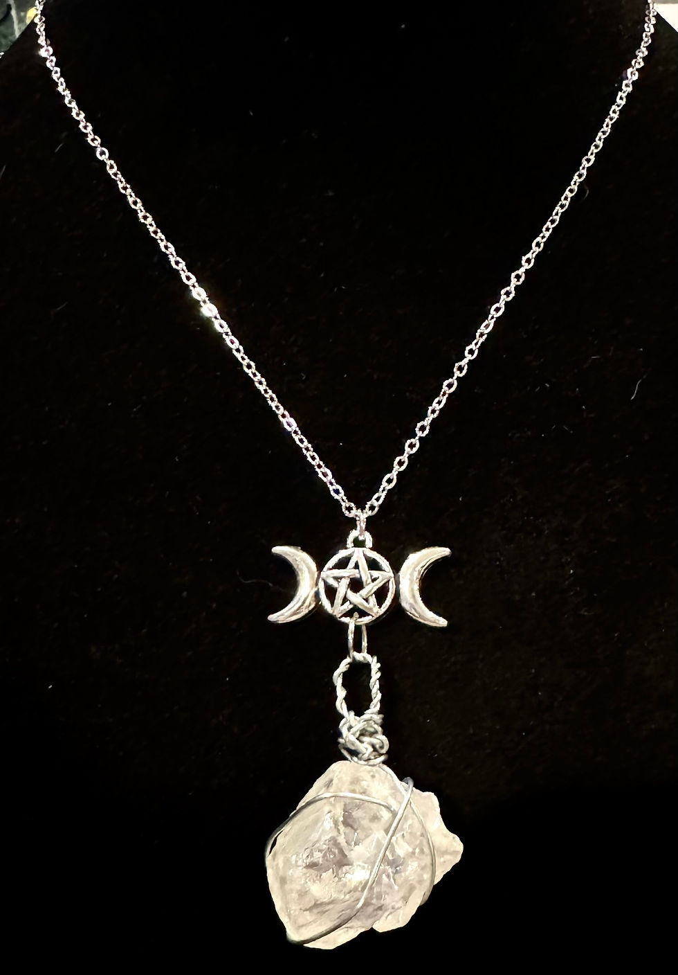 Triple Moon, Clear Quartz, Pentagram, Wire Wrapped, Pendant, 18 Inch Necklace, 20 Inch Necklace, 24 Inch Necklace