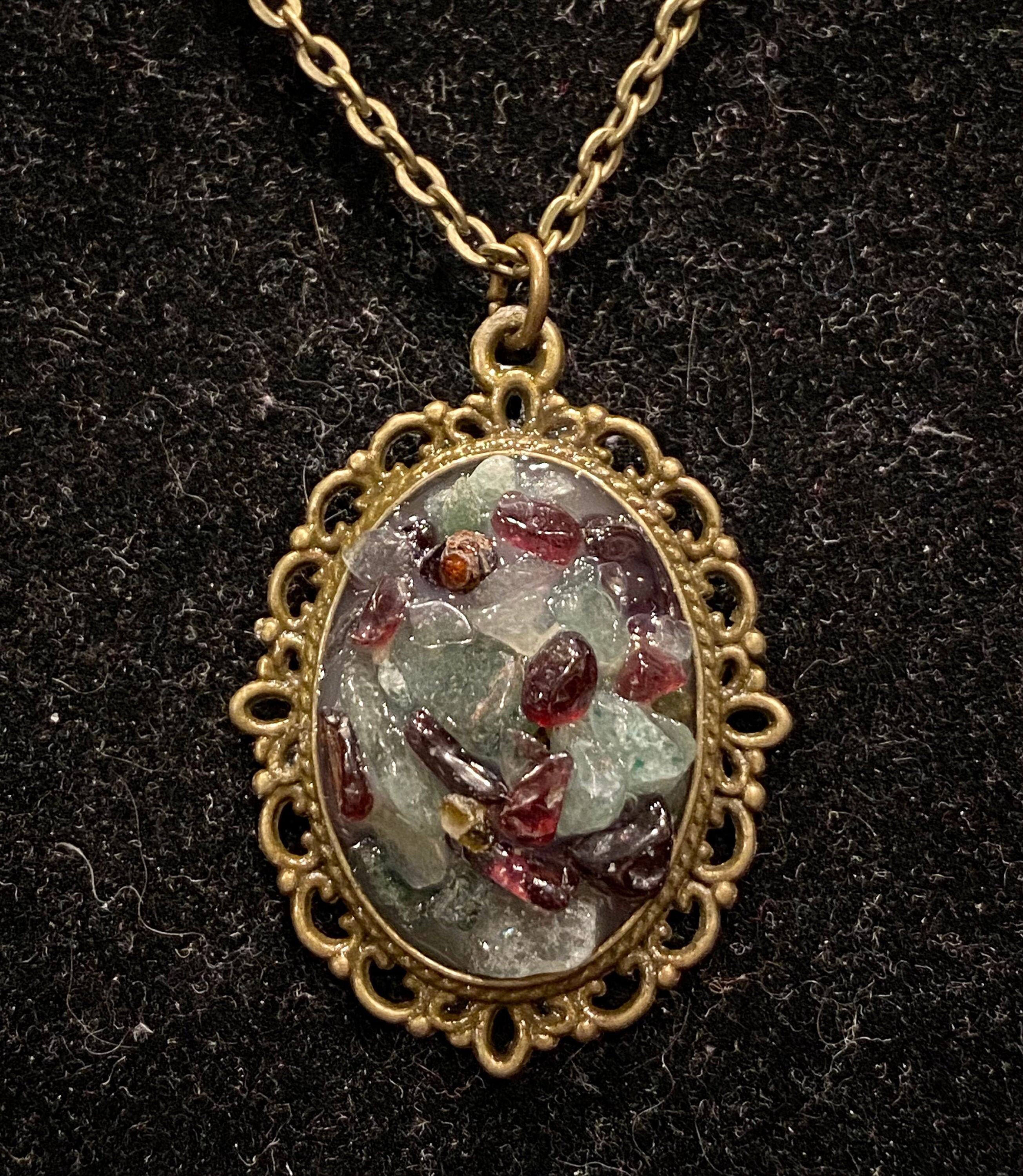 Green Aventurine, Garnet, Antique Bronze, Oval, Gemstone, Resin, Handmade, Antique Bronze, Pendant, 18 Inch Necklace, 24 Inch Necklace