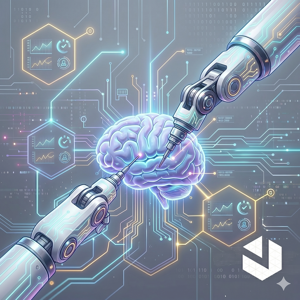 A futuristic illustration of sophisticated robotic surgical arms using precise probes to work on a central microchip connected to a biological neuron, set against a glowing cybernetic and space background with data overlays.