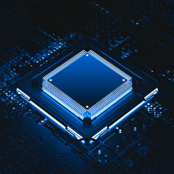 A glowing blue microchip
