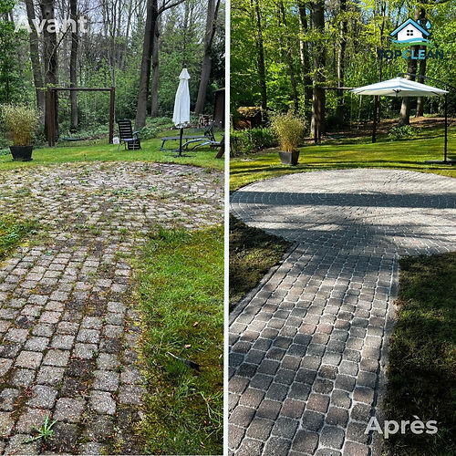 Terrasse en dalles avant et après nettoyage en profondeur par TopClean à La Hulpe. Résultat propre, sans taches ni joints envahis.