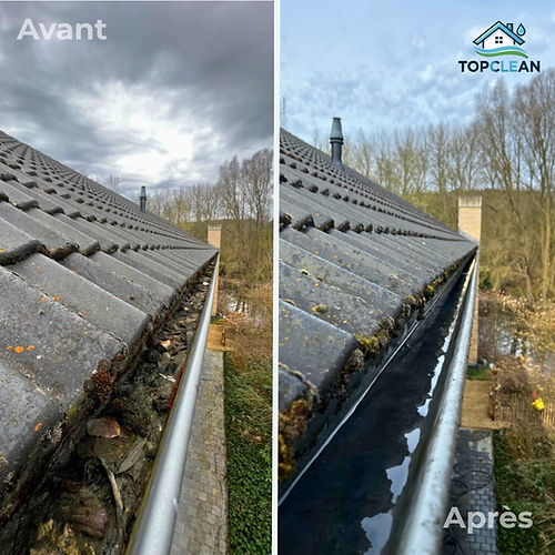 Gouttières avant et après nettoyage par TopClean à Overijs. Débouchage des conduits et élimination des feuilles et mousses.