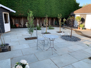 Patio, water feature and planting