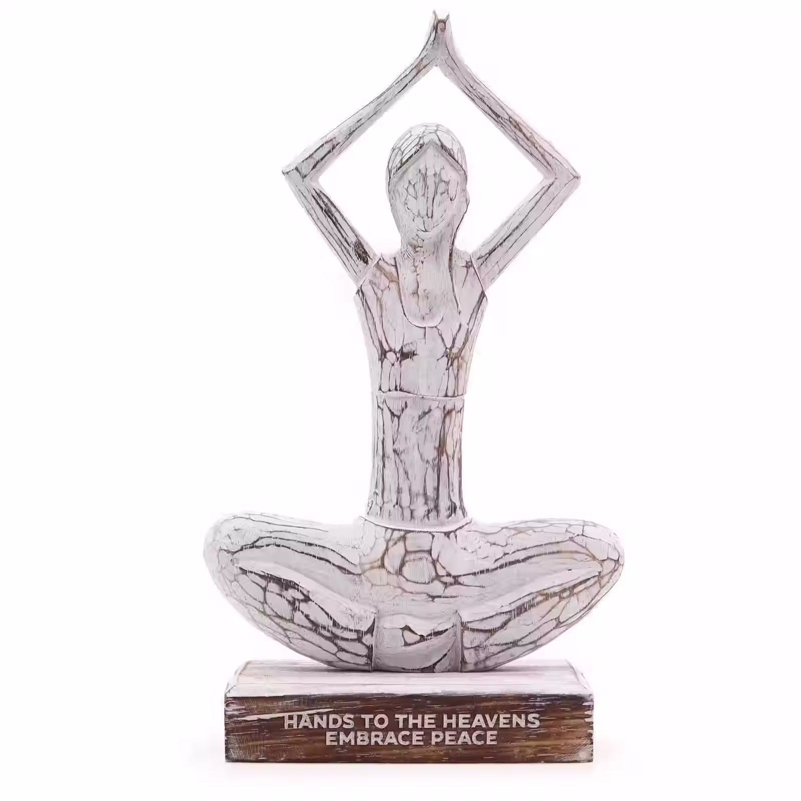 Hand-Carved Wooden Yoga Lady Figurine - Whitewash "Hands Up Pose"
