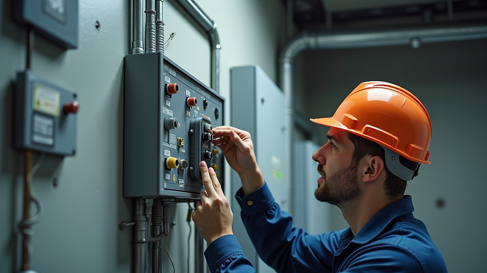 Close-up view of a maintenance worker inspecting a building's electrical system