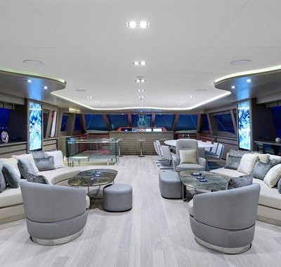 Elegant contemporary main salon on the All About U 2 yacht