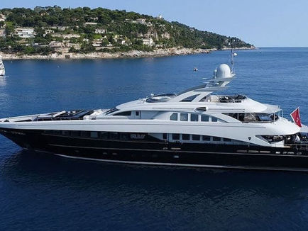 Aerial view of BLISS anchored in a turquoise Aegean bay