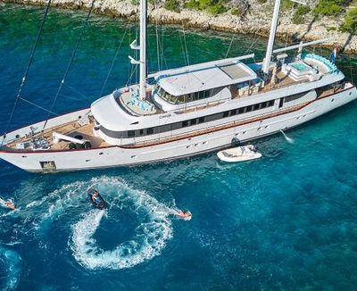 OMNIA luxury motor sailer cruising in the Mediterranean Sea