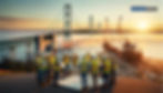 The Mackinac Bridge at sunrise with construction workers in the foreground.