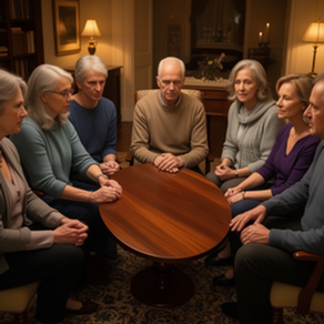 People seated around a small mahogany table during a table-tipping evening