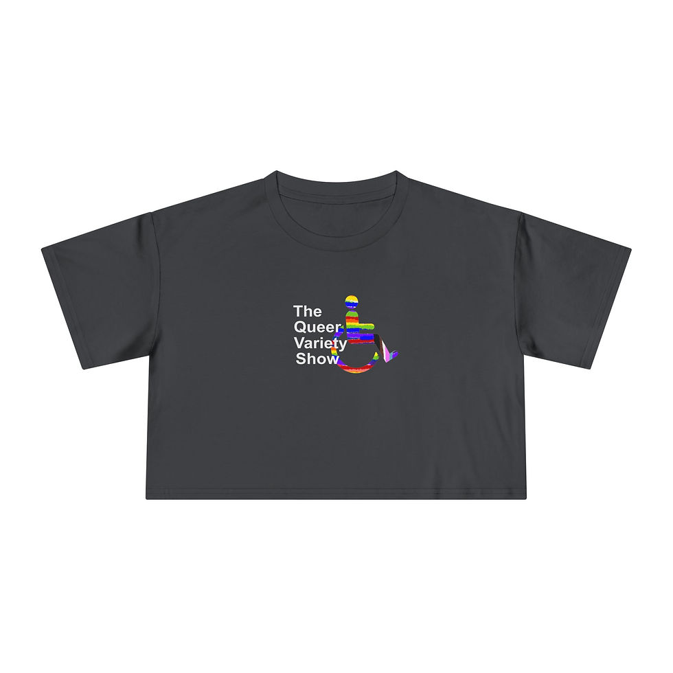 Thumbnail: Crop Tee — white QVS text and a rainbow wheel chair