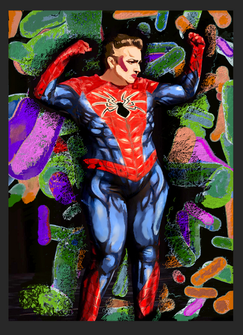 A cartoon like image of Sparklemuffin, the performer, wearing a Spiderman costume.  They are standing with their arms up, with clenched fists.  The background is various different elongated shapes, in green, pink and purple.  These shapes are actually gut bacteria.  I have a lot of gut issues, so images of gut bacteria creep into my work. 