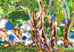 A brightly coloured, surreal looking, digital drawing.  It is of gum trees and the ground with a sky or background.  The trees have been manipulated so they have a slightly swirling or out of focus look to them.  The trunks are in shades of brown and cream with some blue.  The foliage is in different coloured greens.  The background is white with big blue dots.  The background is actually gut bacteria.  I have chronic illness and a lot of gut issues. 