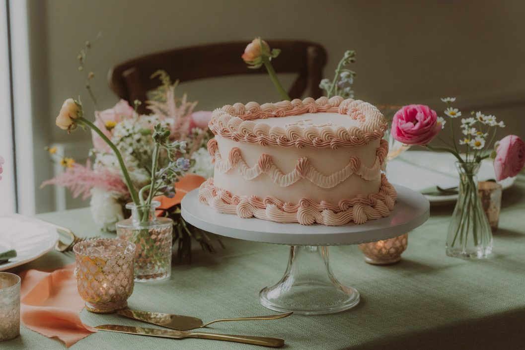 Vintage pink heart-shaped wedding cake at Sea Cider Farm & Ciderhouse
