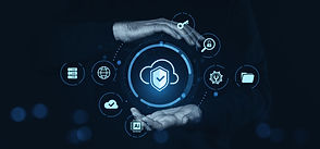 Cloud security and data protection icons between two hands, futuristic digital style on da