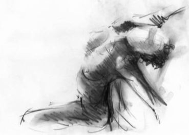 Dessin au fusain représentant un corps de femme nue renversé