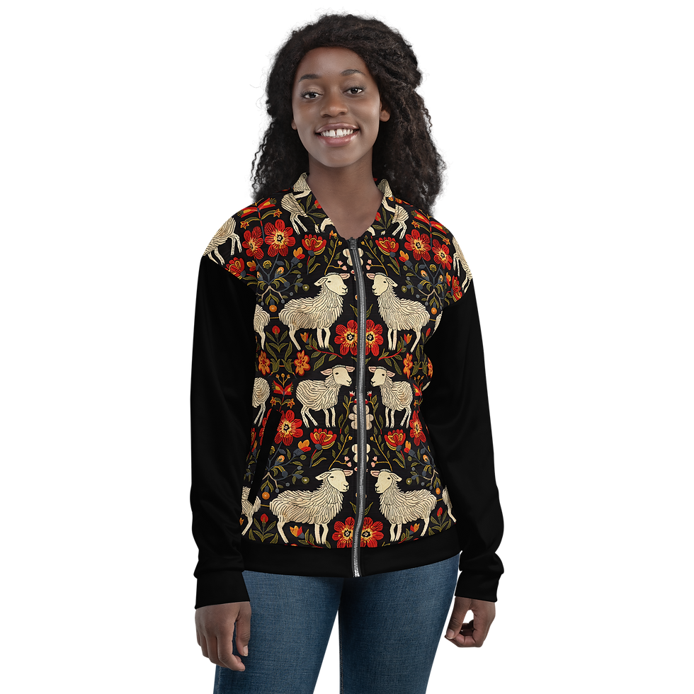 Thumbnail:  Red & Black Traditional Sheep Print Unisex Bomber Jacket